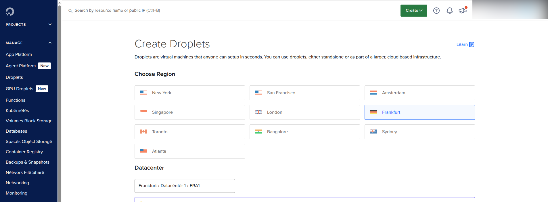 DigitalOcean create droplet page