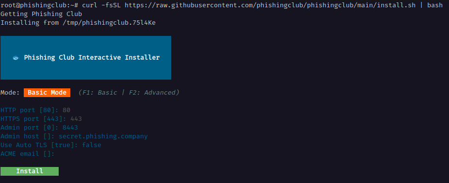 SSHing into the server, running the one line installer and interactive installer