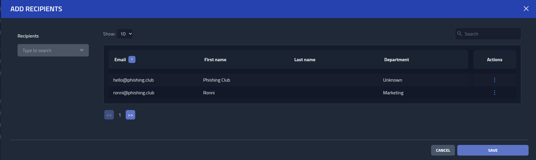 Add recipients to group modal