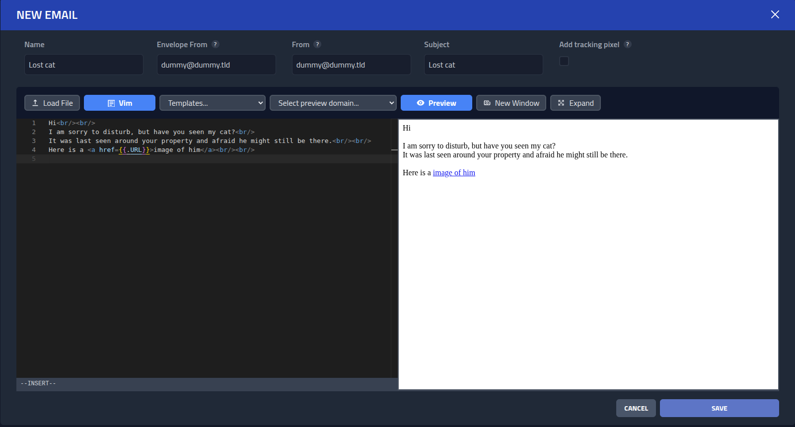 Cat email in editor