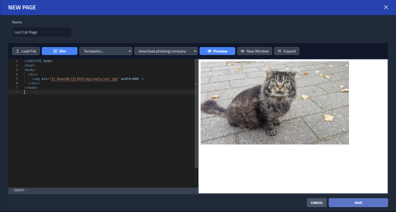 Cat page in editor