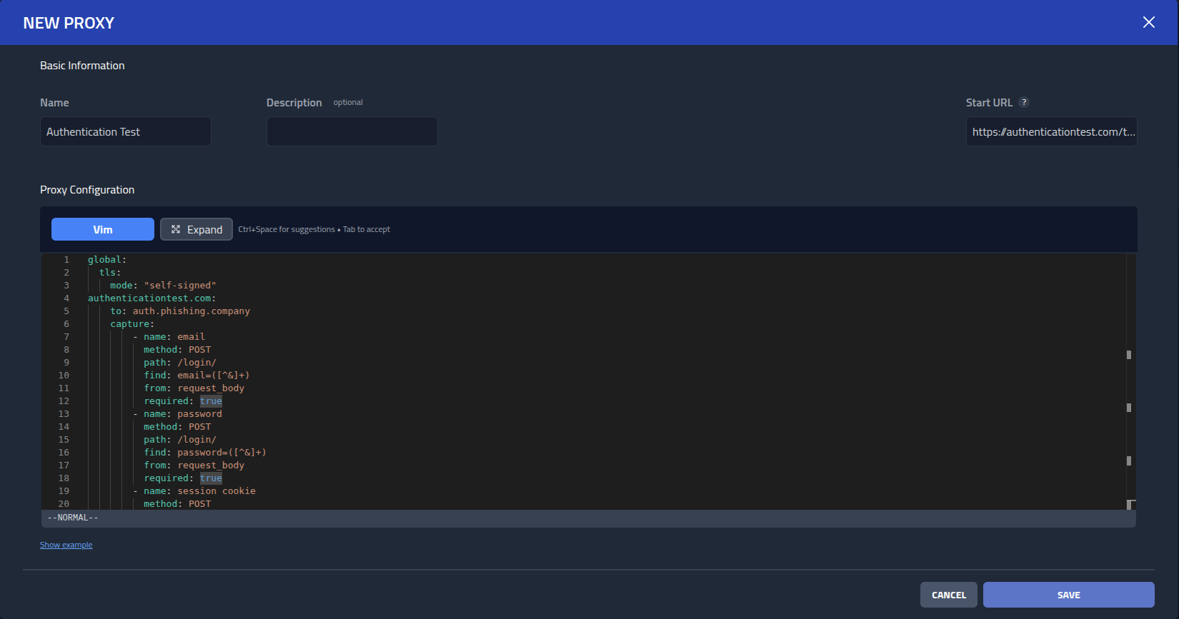Proxy configuration including a capture section