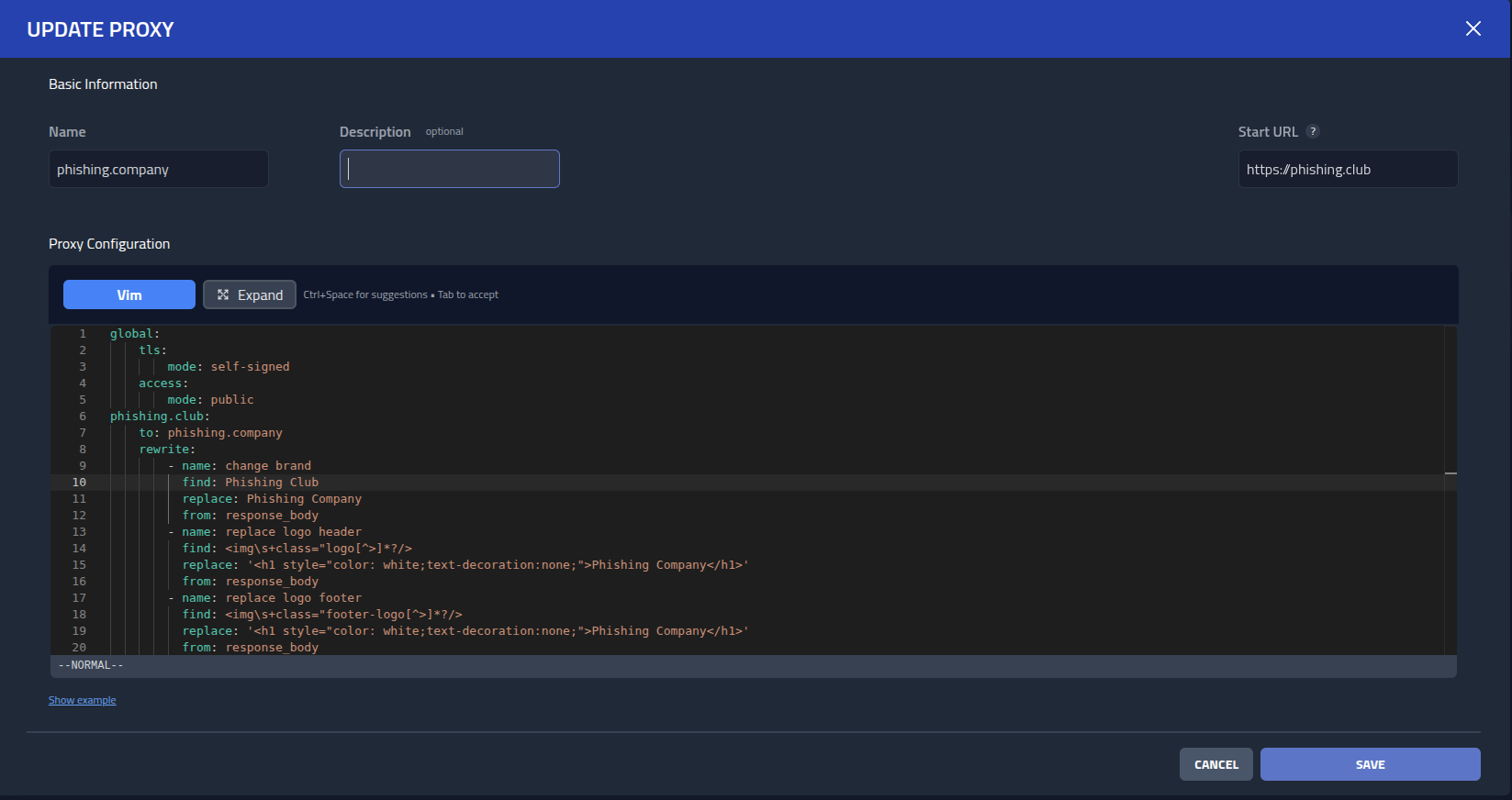 Phishing Club proxy configuration