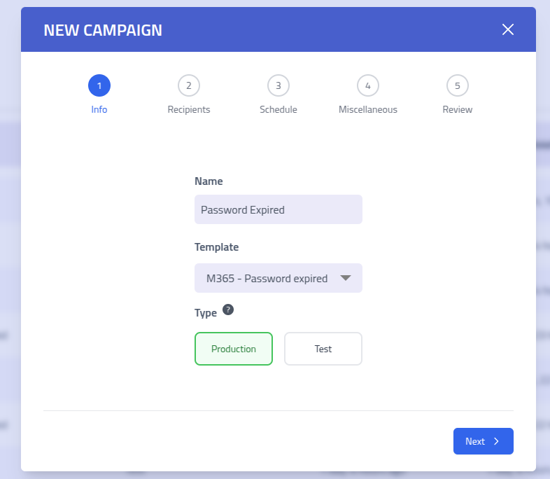 Phishing Club - Create campaign step 1
