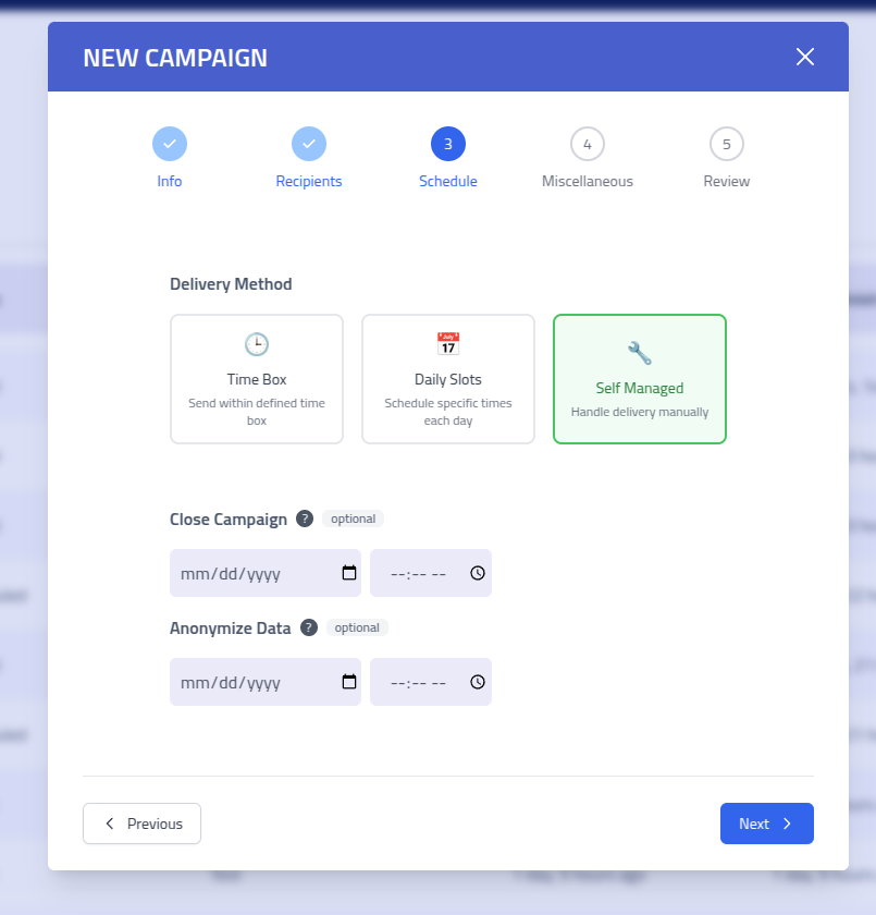 Phishing Club - Create campaign step 3 - Self Managed