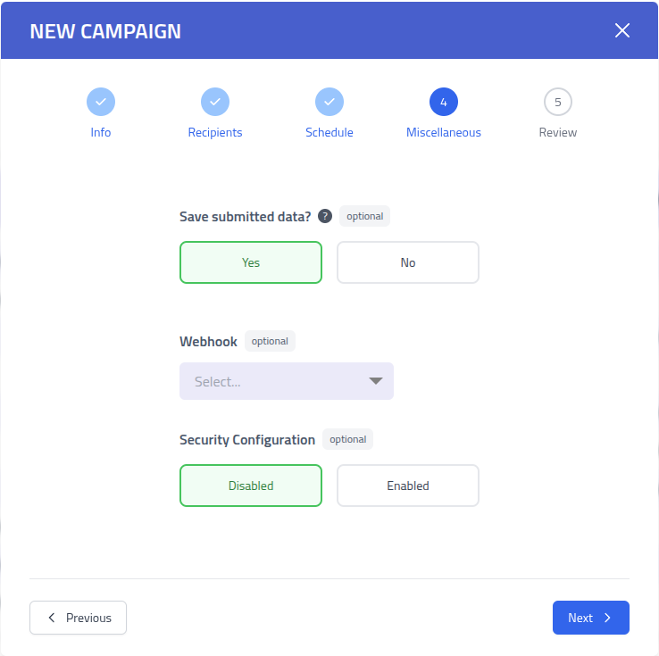 Phishing Club - Create campaign step 4 - Miscellaneous