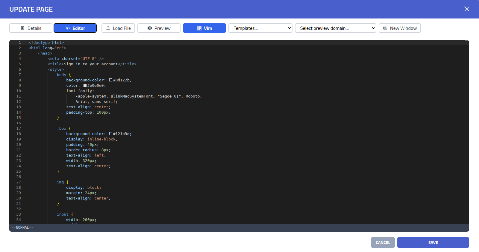 Phishing Club - Create page - Editor