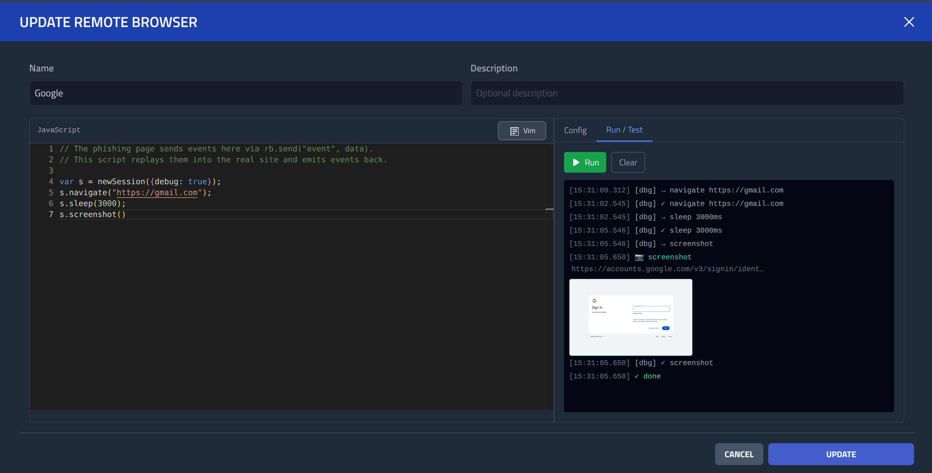 Local test run of script including screenshots.